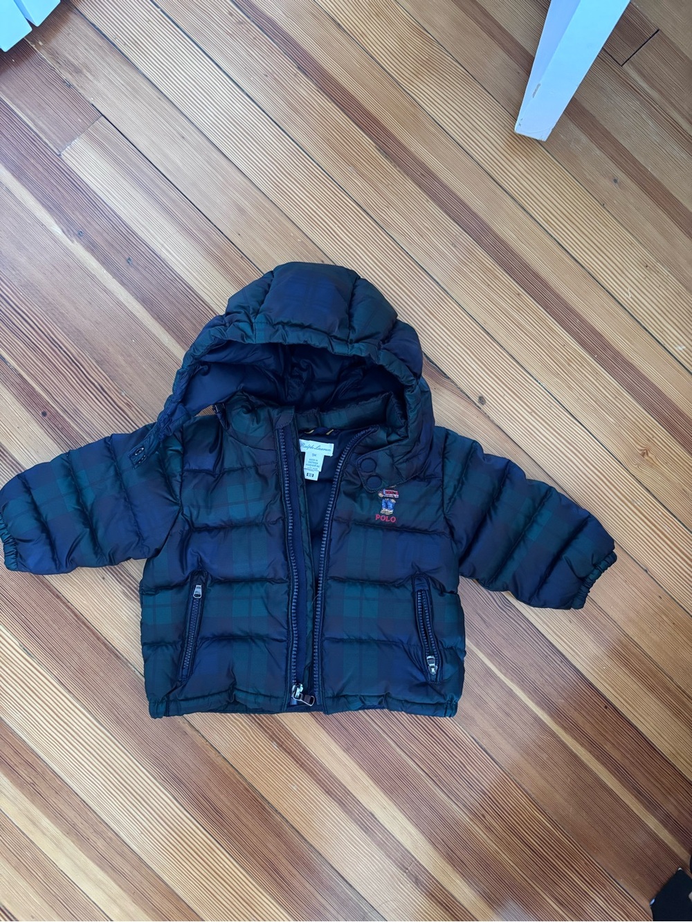 Polo by Ralph Lauren Baby Hooded Puffer in Black and Green Plaid